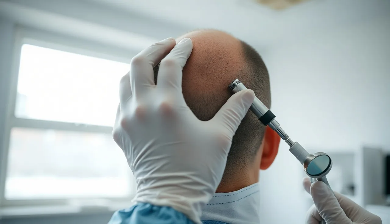 Surgeon examining a man's crown hair loss area with a dermatoscope in a clinic