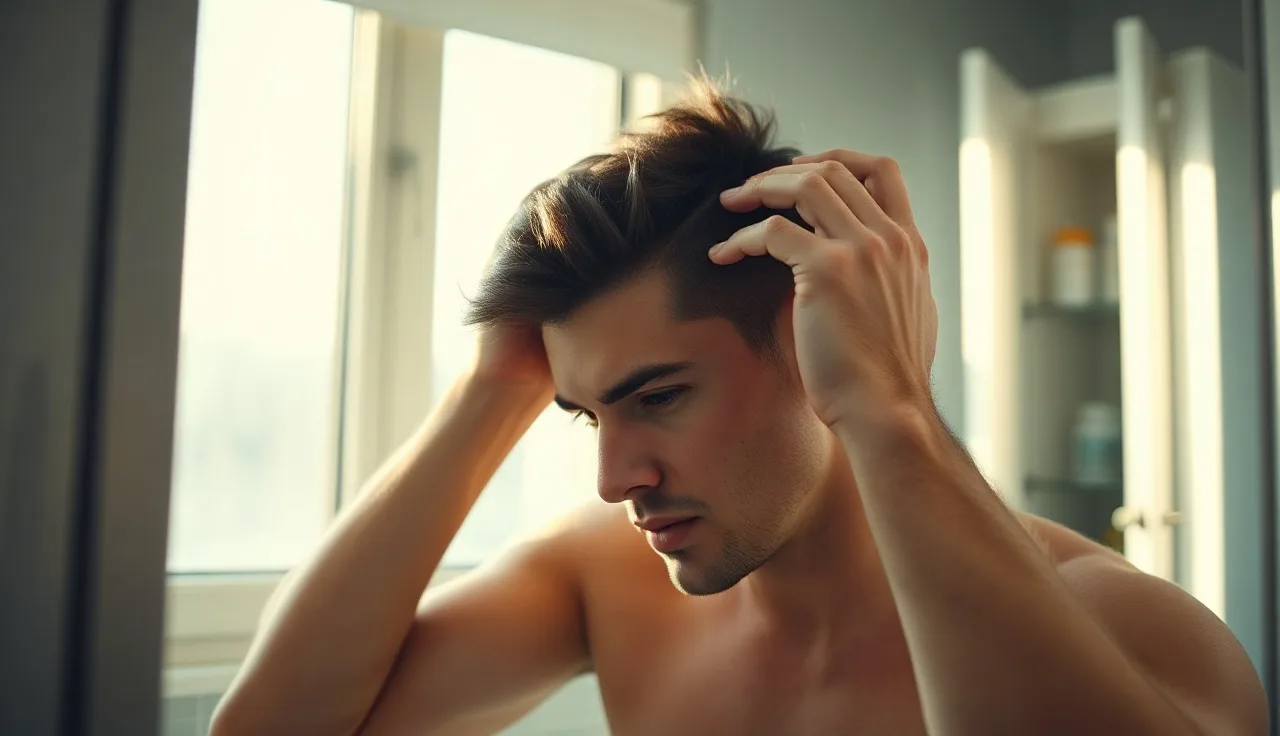 Man examining receding hairline in bathroom mirror under morning light