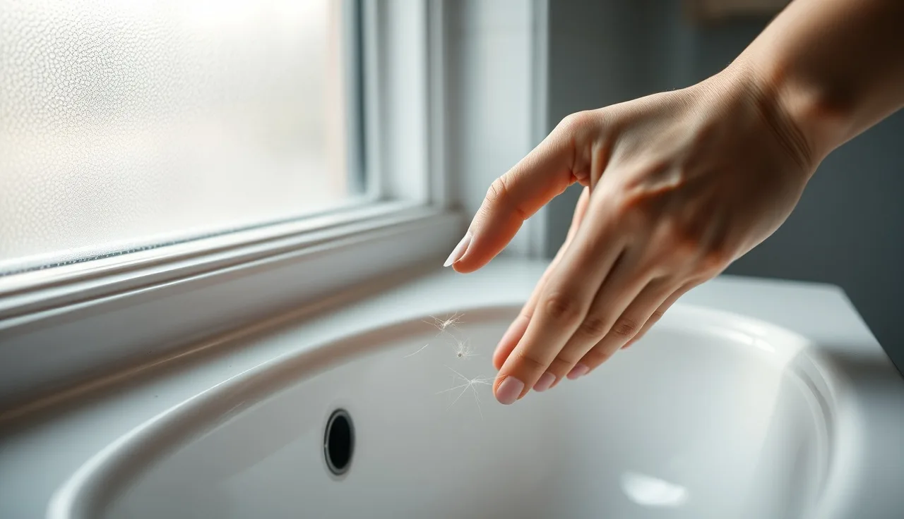 Shed hairs collected in a white bathroom sink showing telogen effluvium hair loss