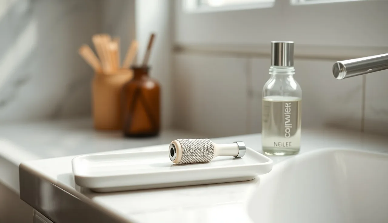 A derma roller and serum bottle on a bathroom countertop for scalp hair loss treatment