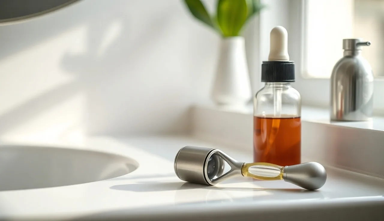 Derma roller and minoxidil dropper bottle on a bathroom counter