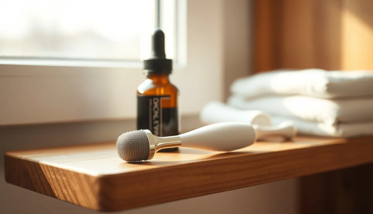 A dermaroller and dropper bottle on a wooden shelf for hair loss treatment