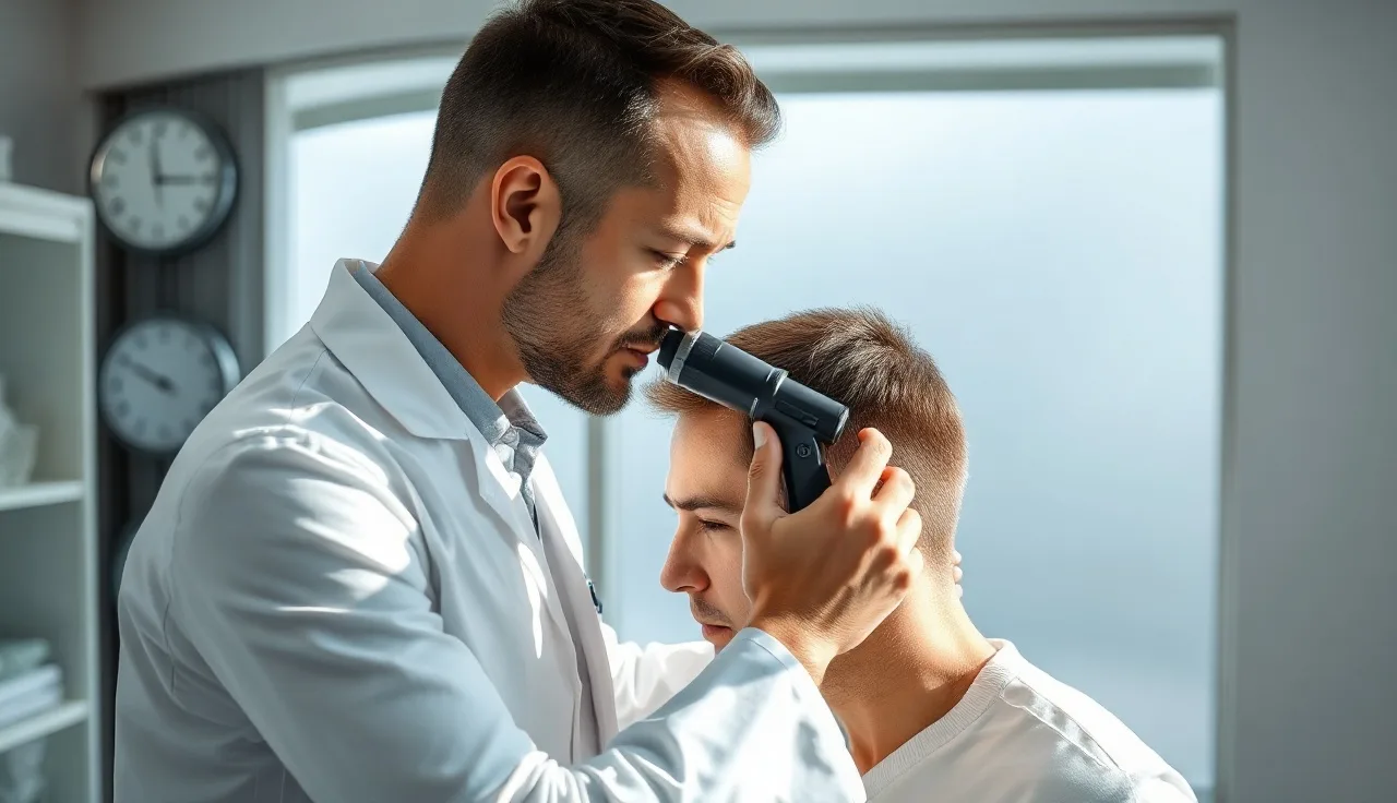 Dermatologist using dermoscope to examine patient's receding hairline in clinic