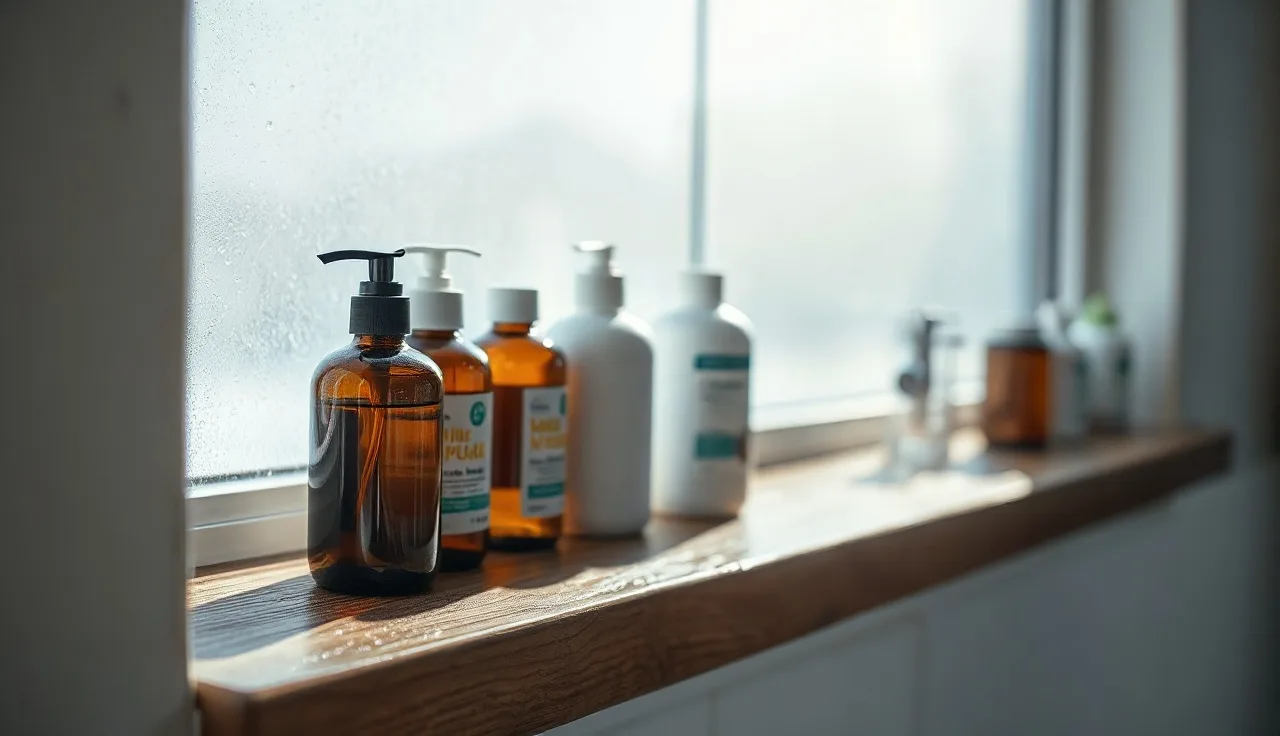 Amber shampoo bottles on a bathroom shelf with soft morning light