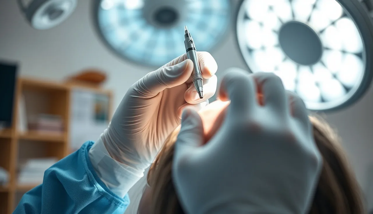 Surgeon using a Choi implanter pen during a DHI hair transplant procedure