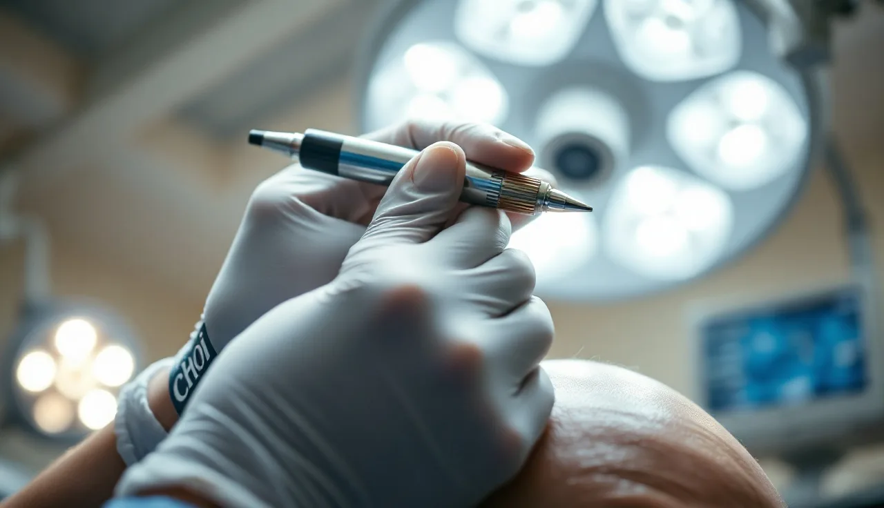 Surgeon's gloved hands using a Choi implanter pen during a DHI hair transplant procedure