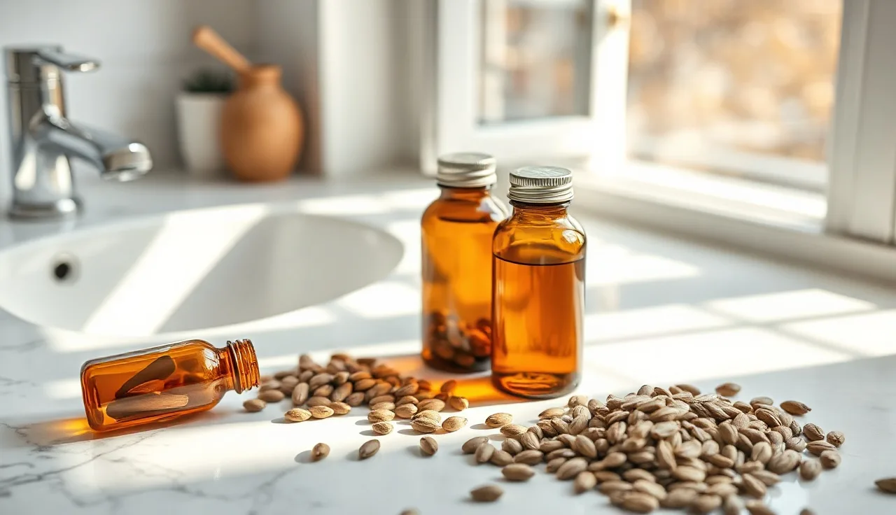 Amber supplement bottles and pumpkin seeds on a marble bathroom countertop