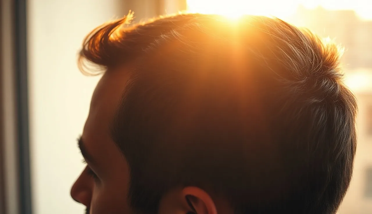 Man's scalp in side profile showing hair density at crown and temple