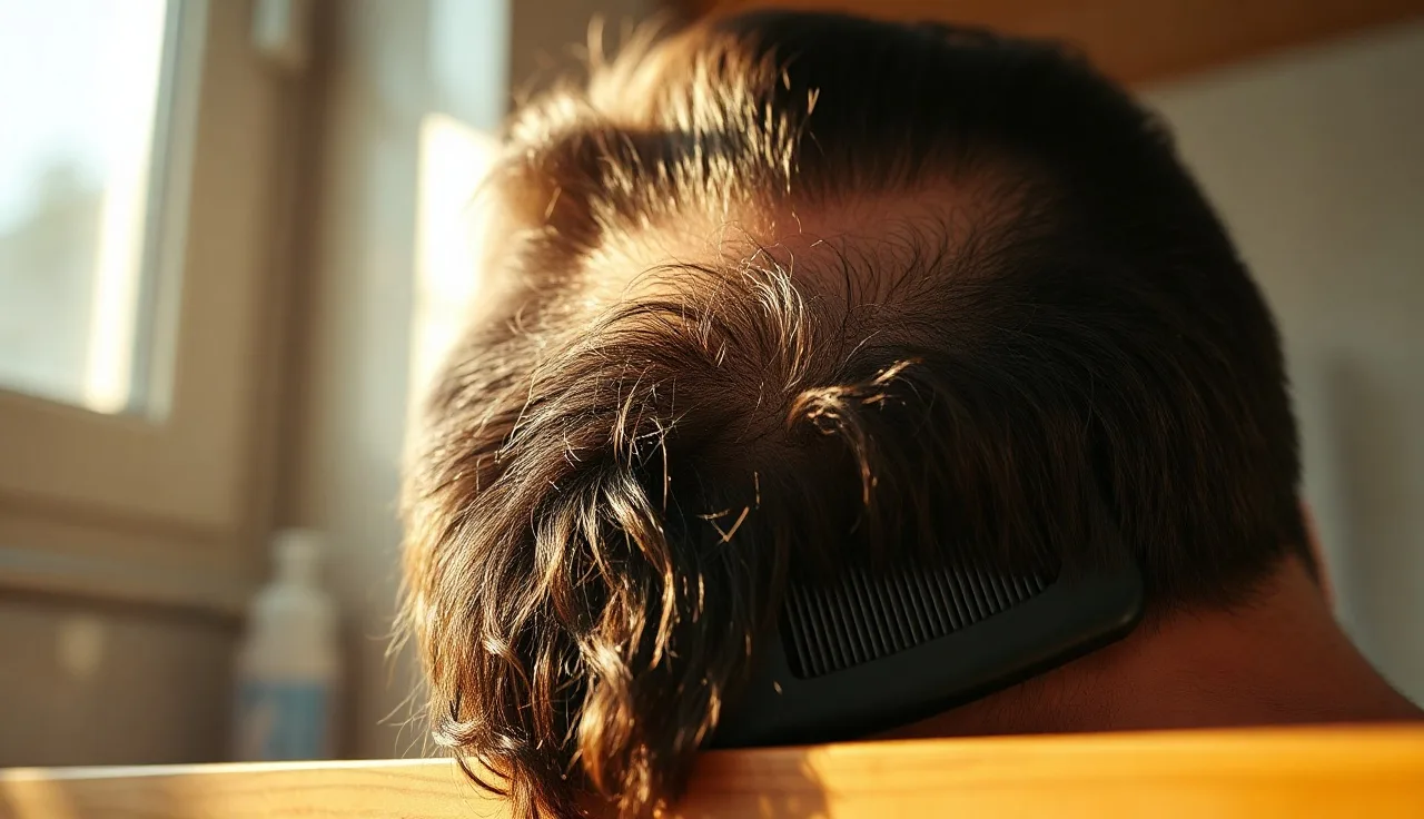 Man's scalp with thinning hair under warm window light, DHT blocker benefits topic