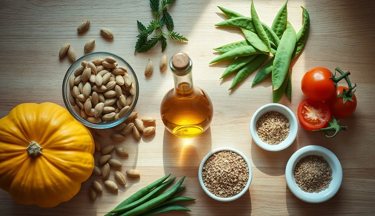 Flat lay of DHT blocker foods including pumpkin seeds, green tea, and flaxseed on a wooden counter