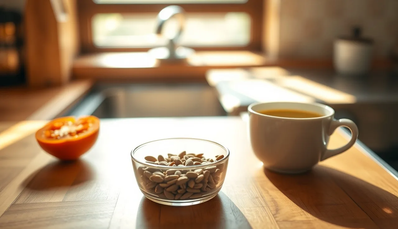Pumpkin seeds, green tea, and tomato on a kitchen counter, natural light