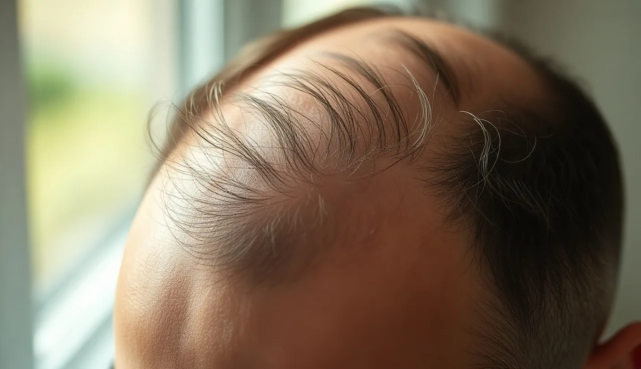 Man's thinning crown scalp photographed in soft natural light showing hair loss