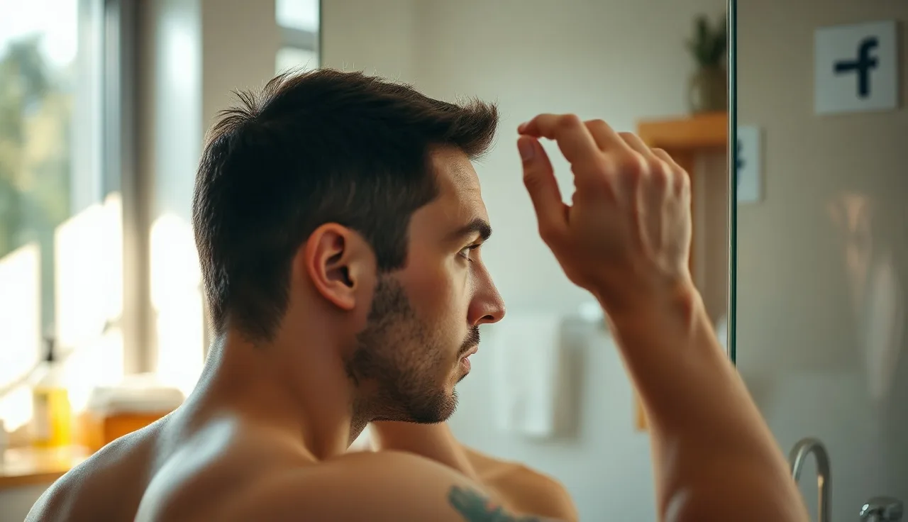 Man examining receding hairline in bathroom mirror under morning light