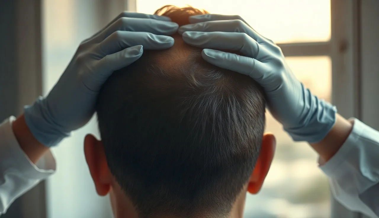 Dermatologist examining a man's scalp for hair loss in natural light