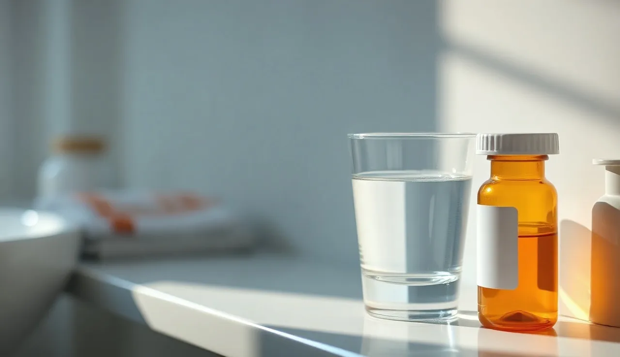 Prescription pill bottle beside a water glass on a bathroom shelf, representing DHT blocker medication