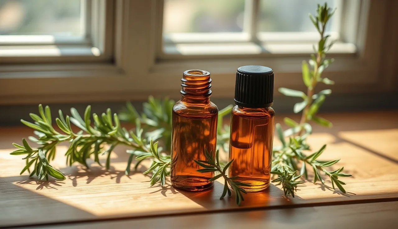 Amber dropper bottle of rosemary oil beside fresh sprigs on wood surface