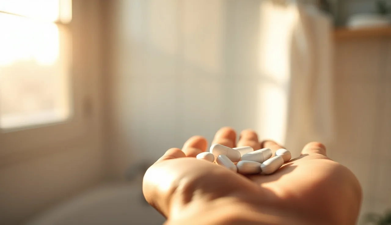 A man holding DHT blocker pills in his palm under natural bathroom window light