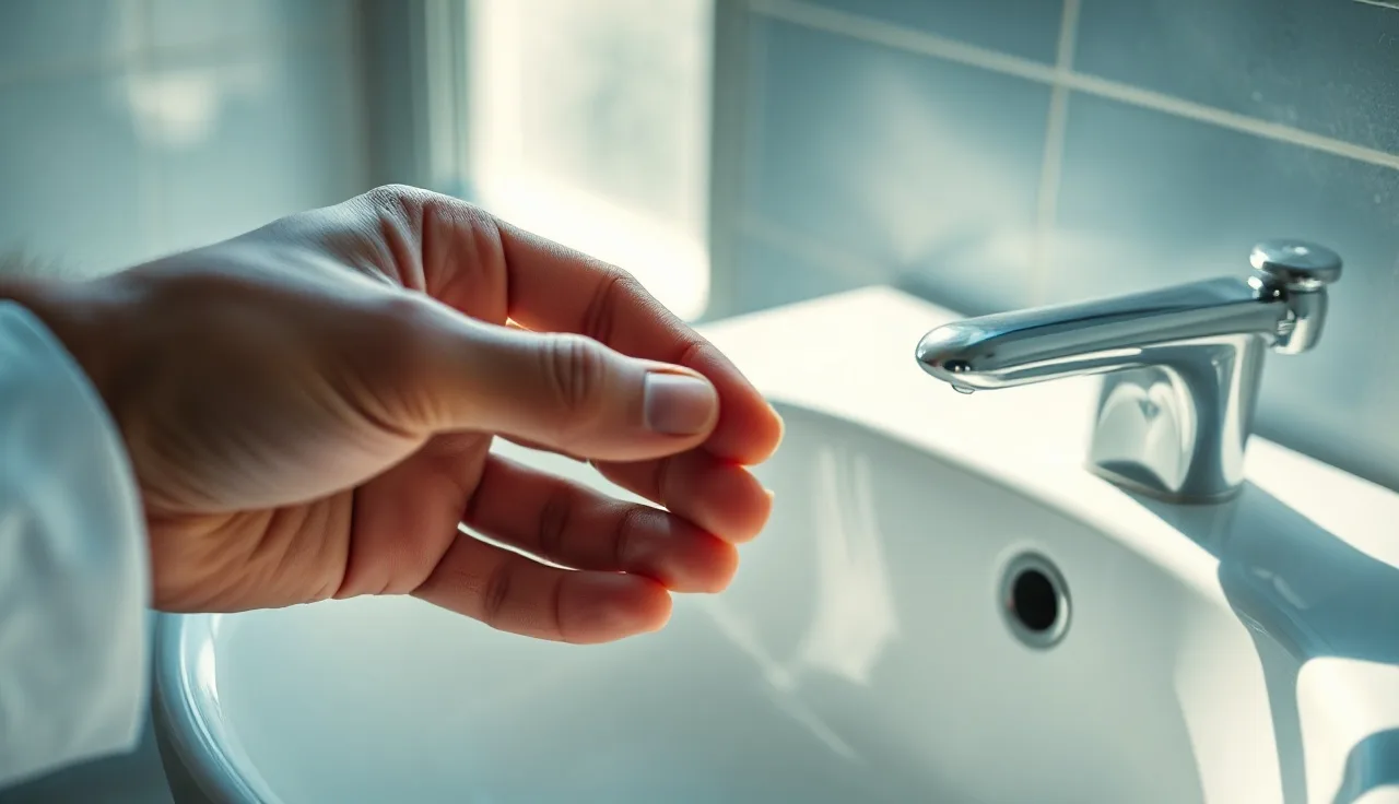 Man holding a prescription pill over a bathroom sink in morning light
