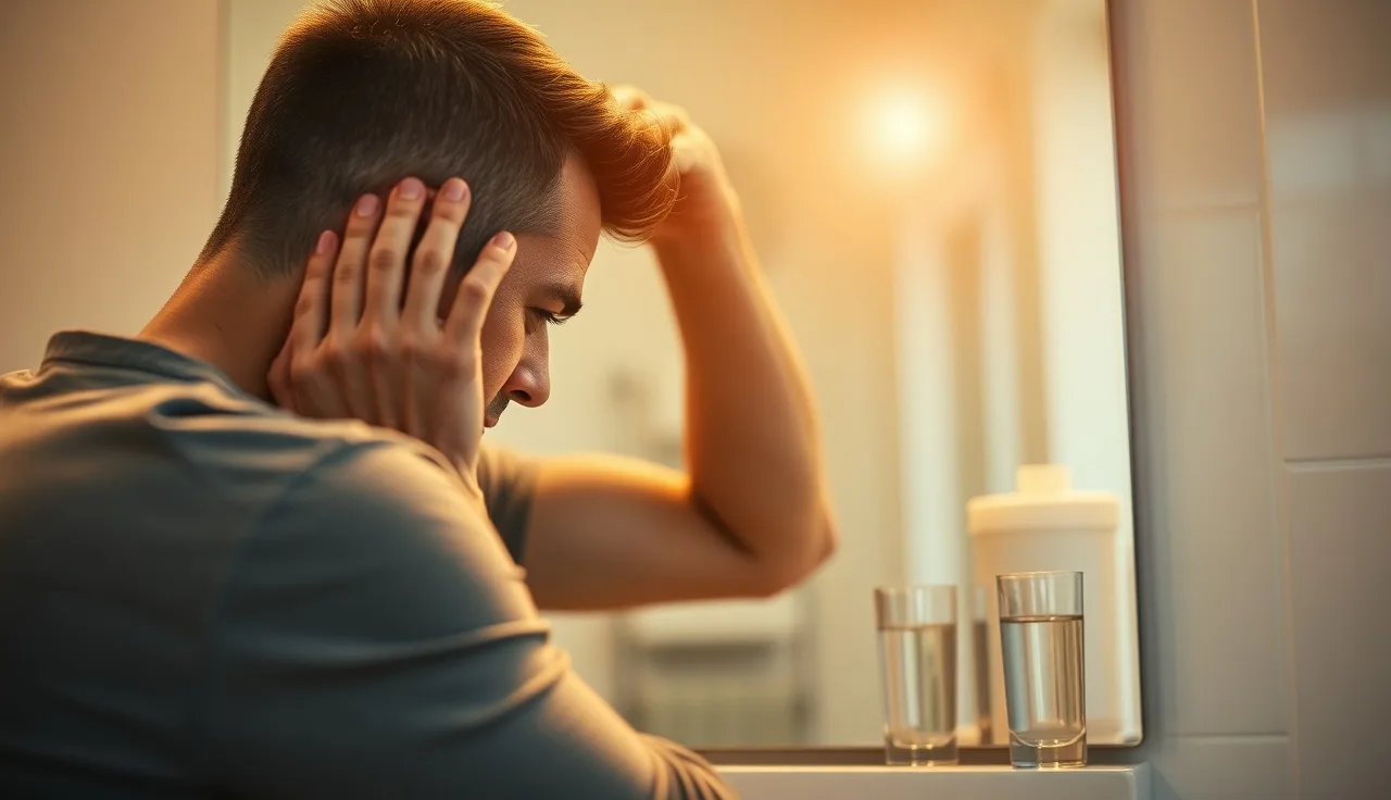 Man examining his hairline in a bathroom mirror near a prescription bottle