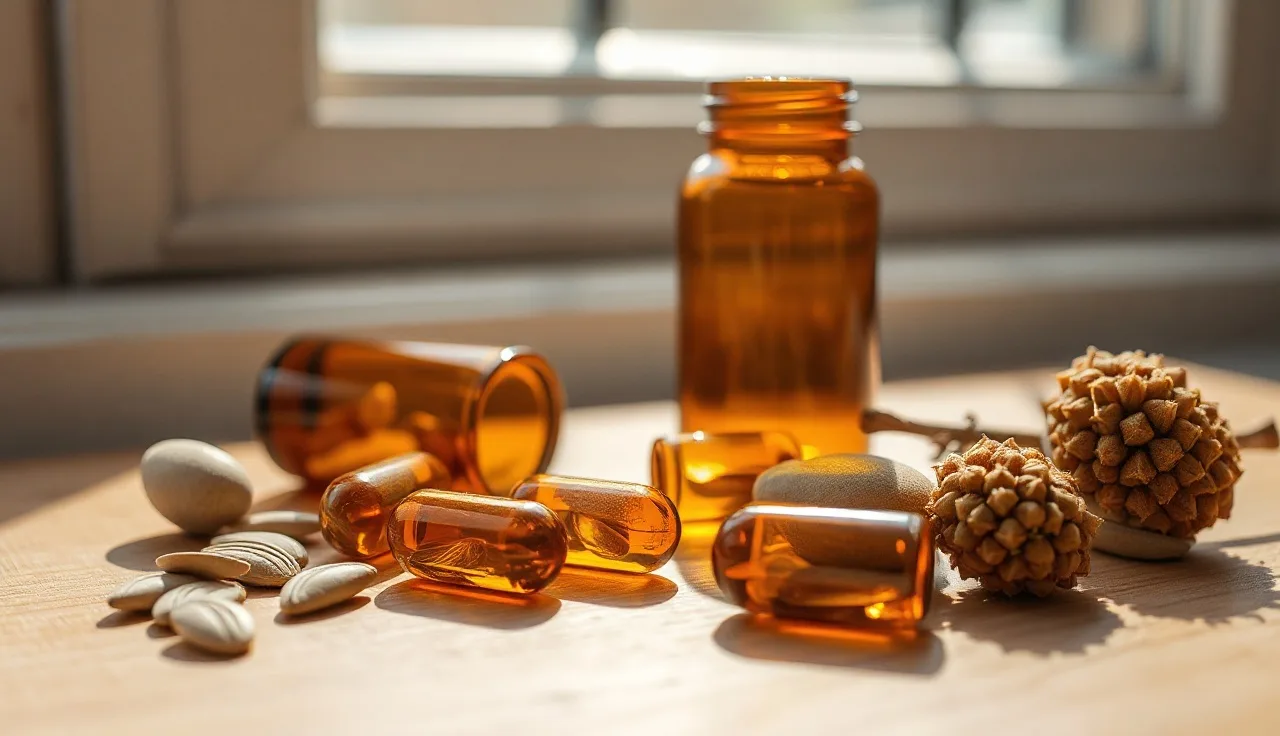 Amber supplement capsules next to pumpkin seeds and saw palmetto berries on wood
