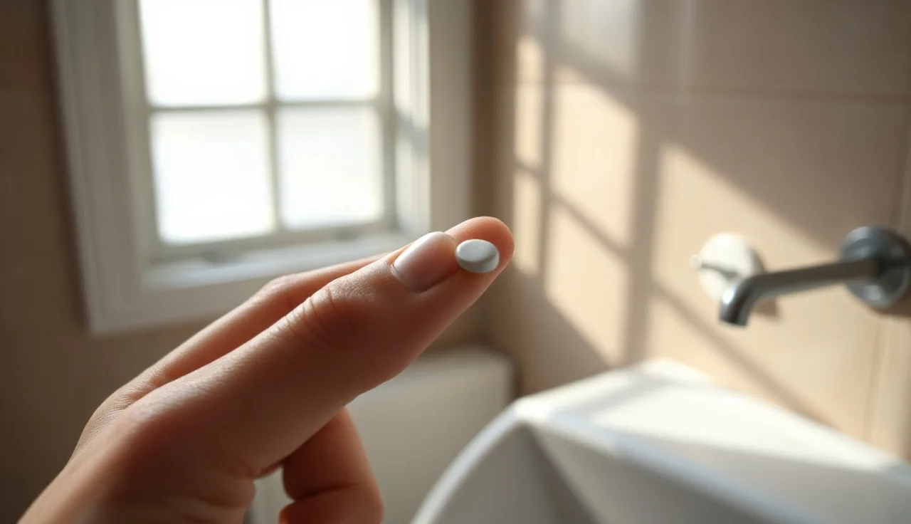 A white prescription DHT blocker tablet held between two fingers in a bathroom
