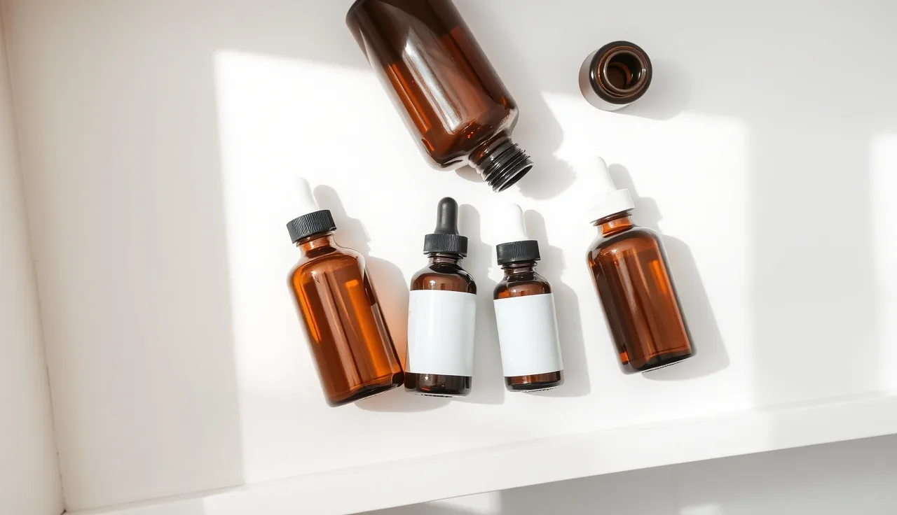 Supplement bottles and a topical dropper on a bathroom shelf representing DHT blocker options