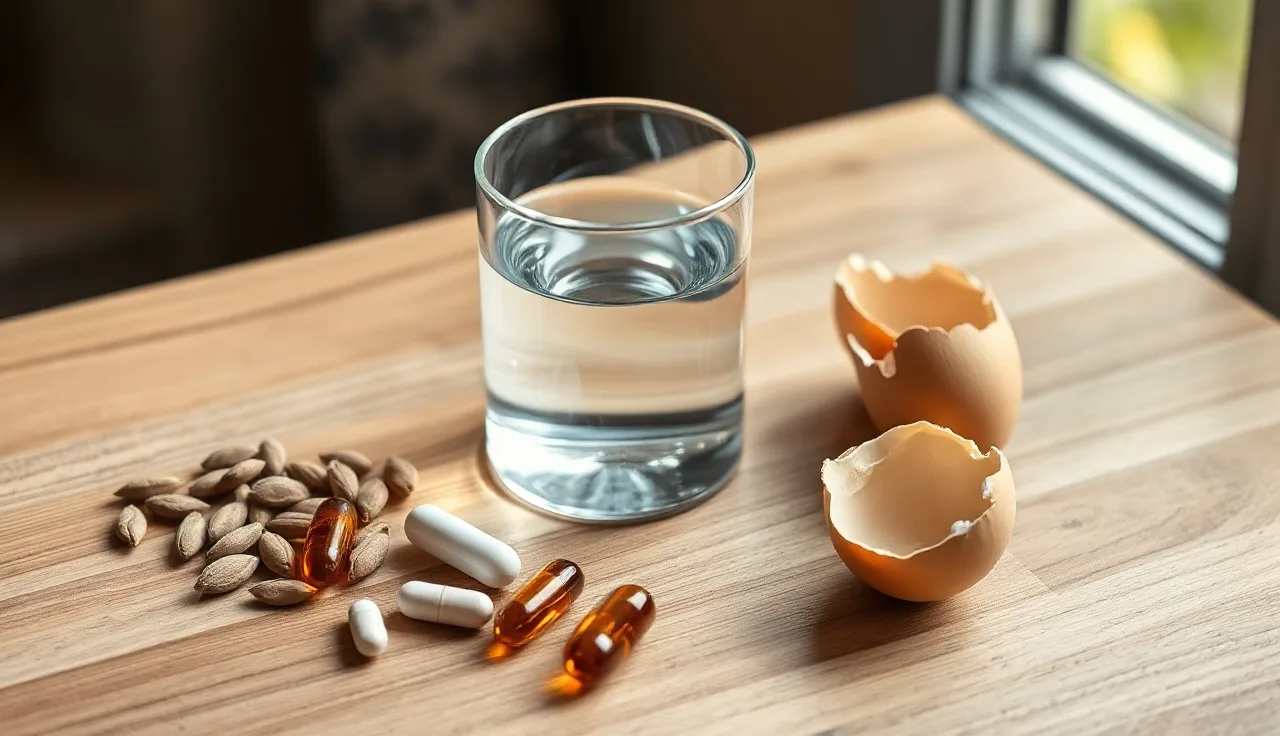 DHT blocker pill and biotin supplement capsules beside a cracked egg on wood