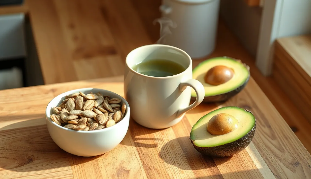 Pumpkin seeds, green tea, and avocado on a kitchen counter suggesting DHT blocking foods