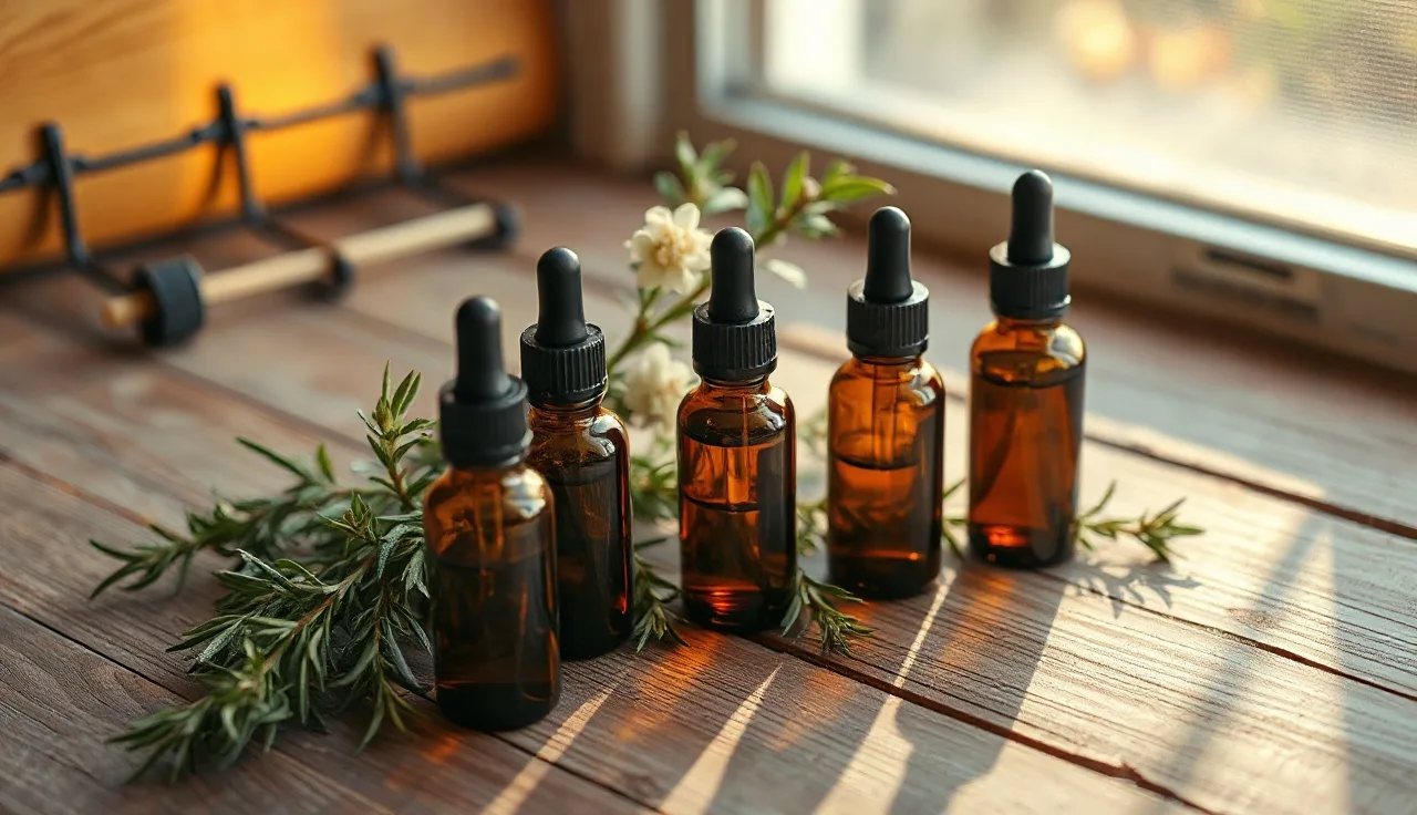 Amber dropper bottles of plant oils with fresh rosemary sprigs on wooden surface