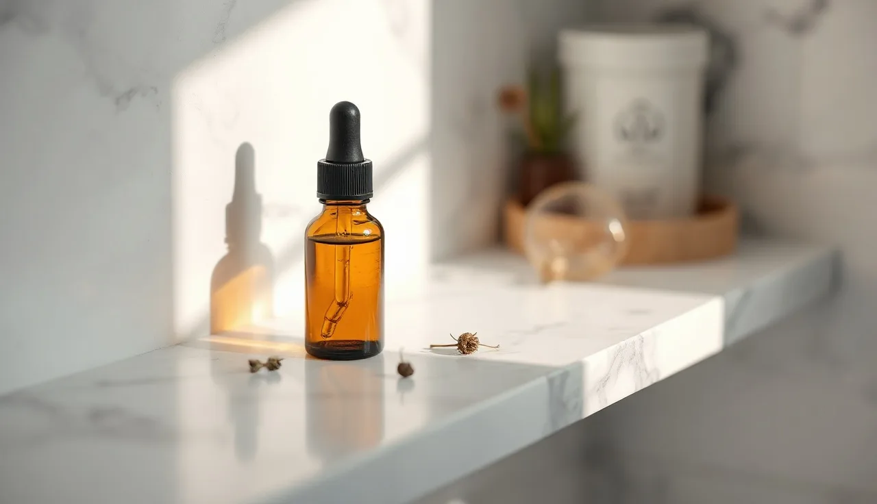 Amber dropper bottle of DHT blocking serum on a marble bathroom shelf in morning light