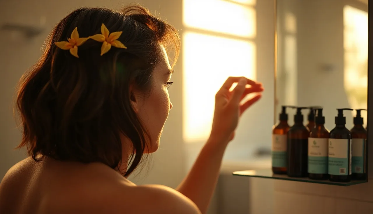 Woman checking scalp thinning in bathroom mirror with DHT shampoo bottles nearby