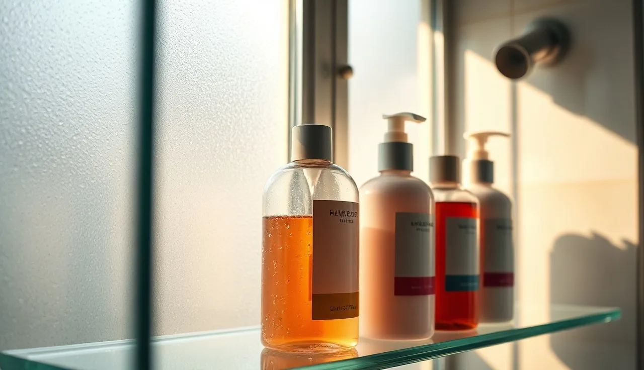 Several unlabeled shampoo bottles on a wet glass shower shelf in morning light