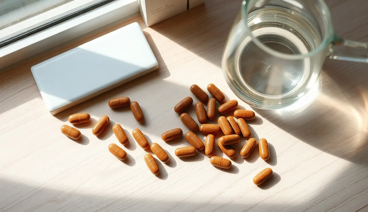 DHT blocking supplement capsules on a wooden surface in morning light
