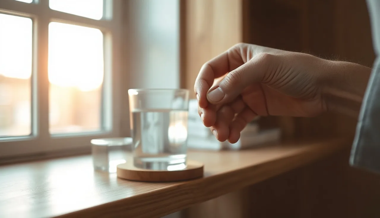 Man holding a prescription DHT blocker pill beside a glass of water