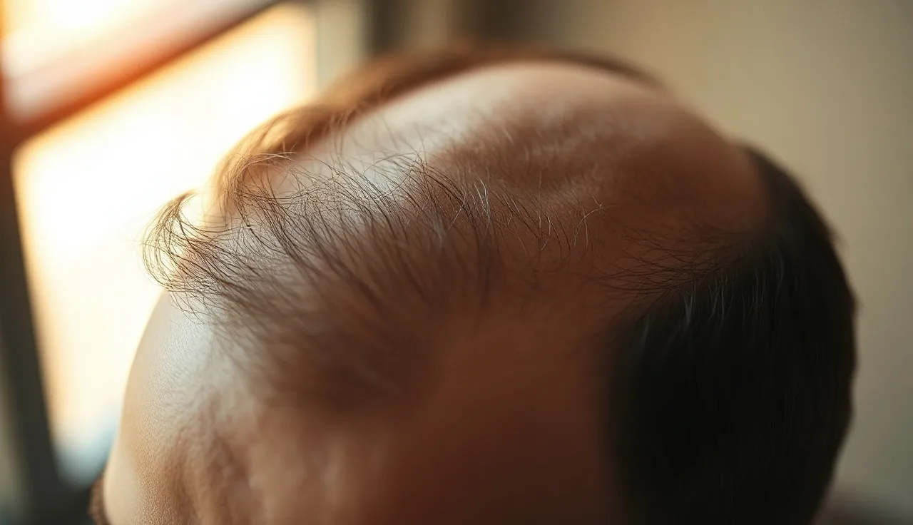 Man's thinning crown hair visible under natural light showing DHT hair loss pattern