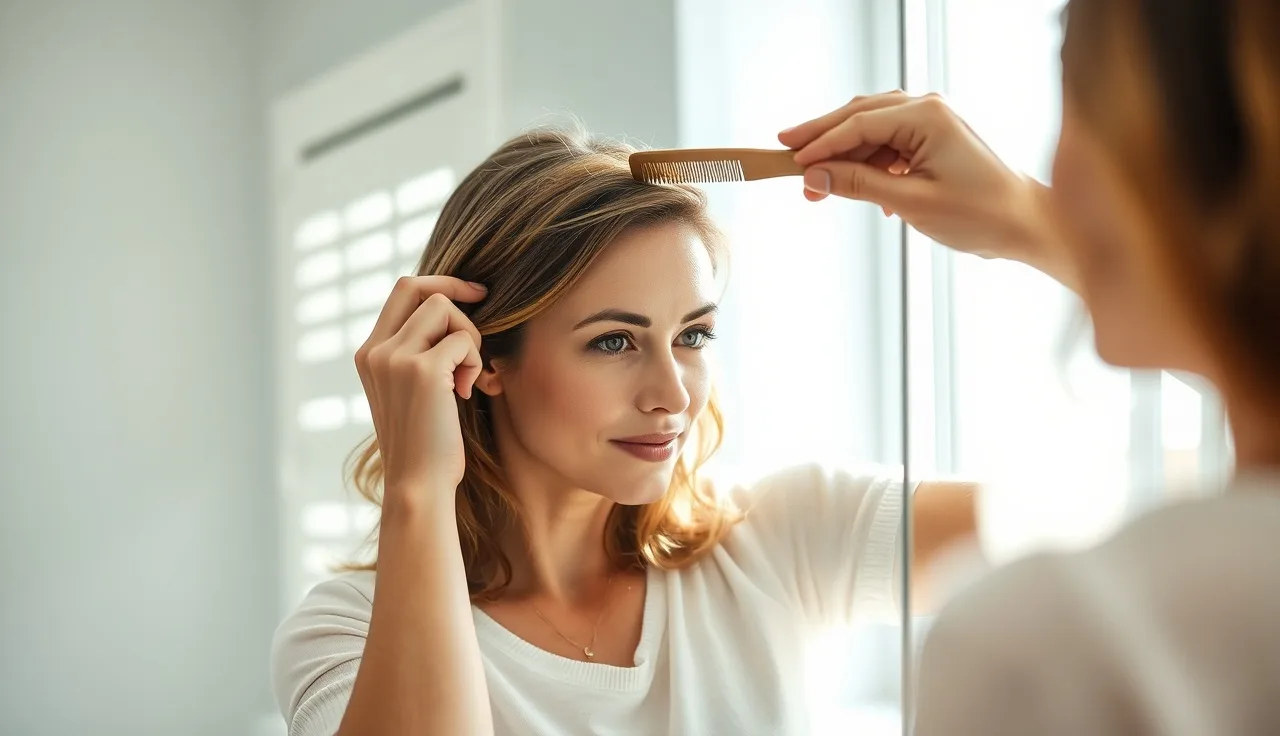 Woman examining thinning crown hair part in a sunlit bathroom mirror