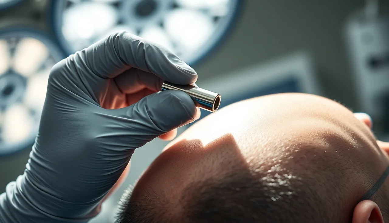 Surgeon's hands with FUE punch tool near patient scalp during hair transplant procedure