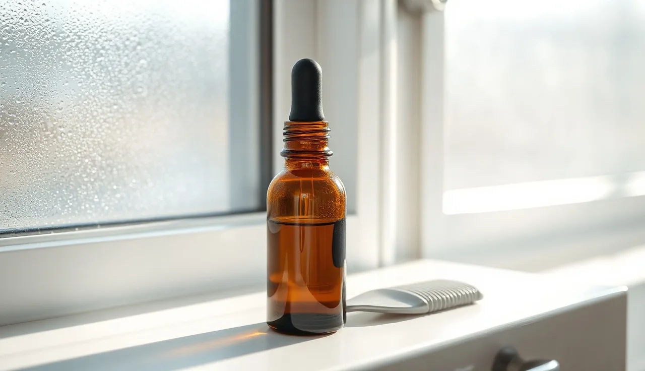Minoxidil dropper bottle and comb on bathroom shelf in morning light