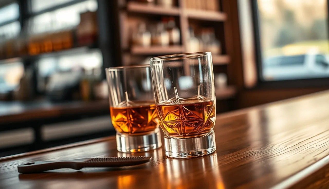 Two glasses of whiskey on a wooden bar with a hair comb beside them