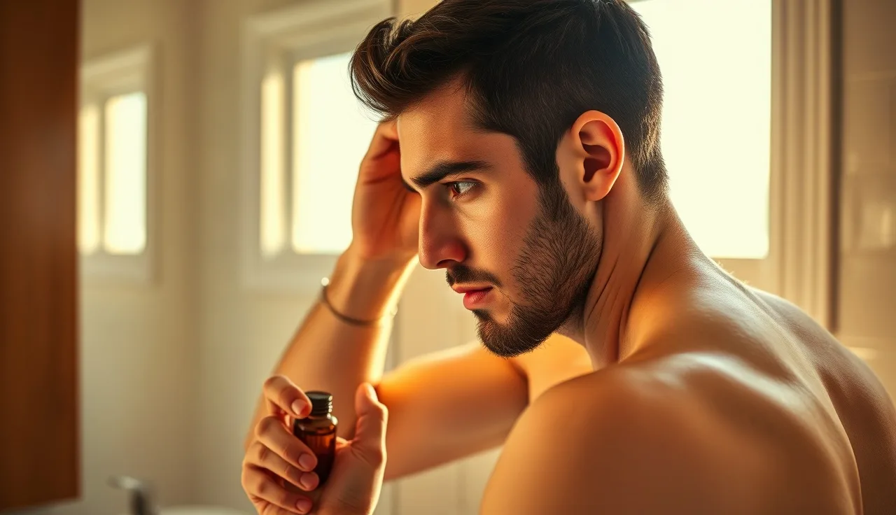 Man examining his hairline in bathroom mirror with minoxidil bottle on countertop