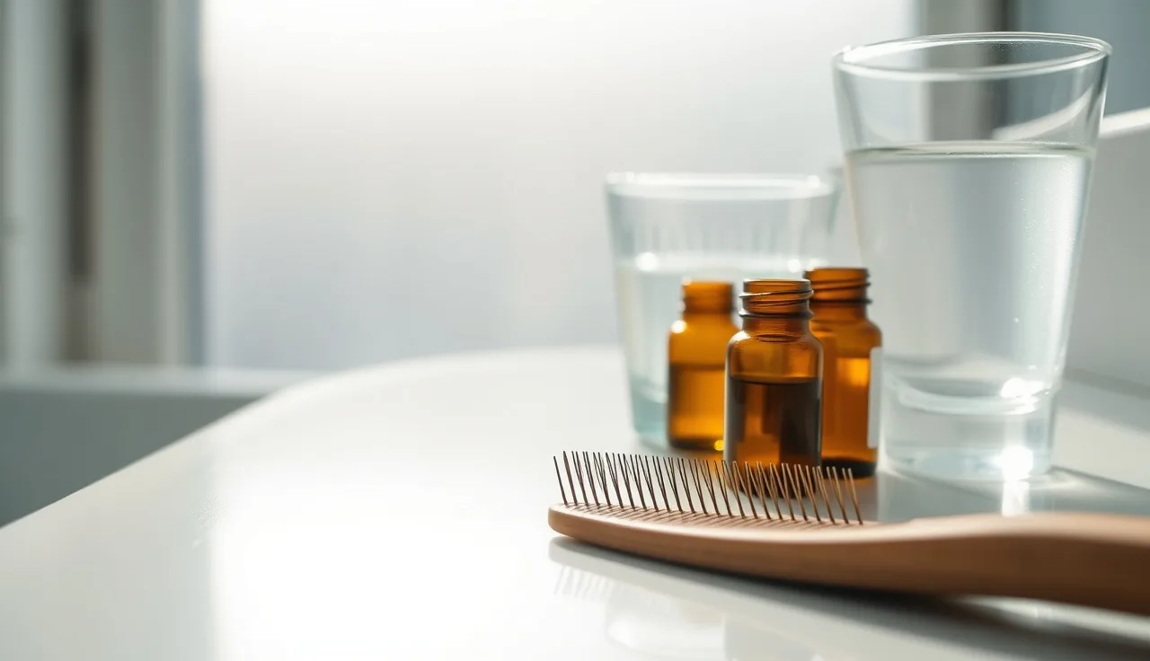 Supplement bottles and a comb with shed hairs on a bathroom counter