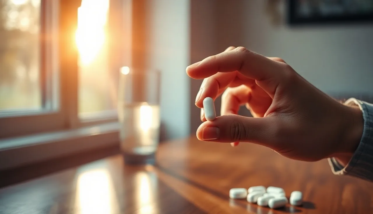 Man holding a biotin supplement capsule near a glass of water on a wooden table