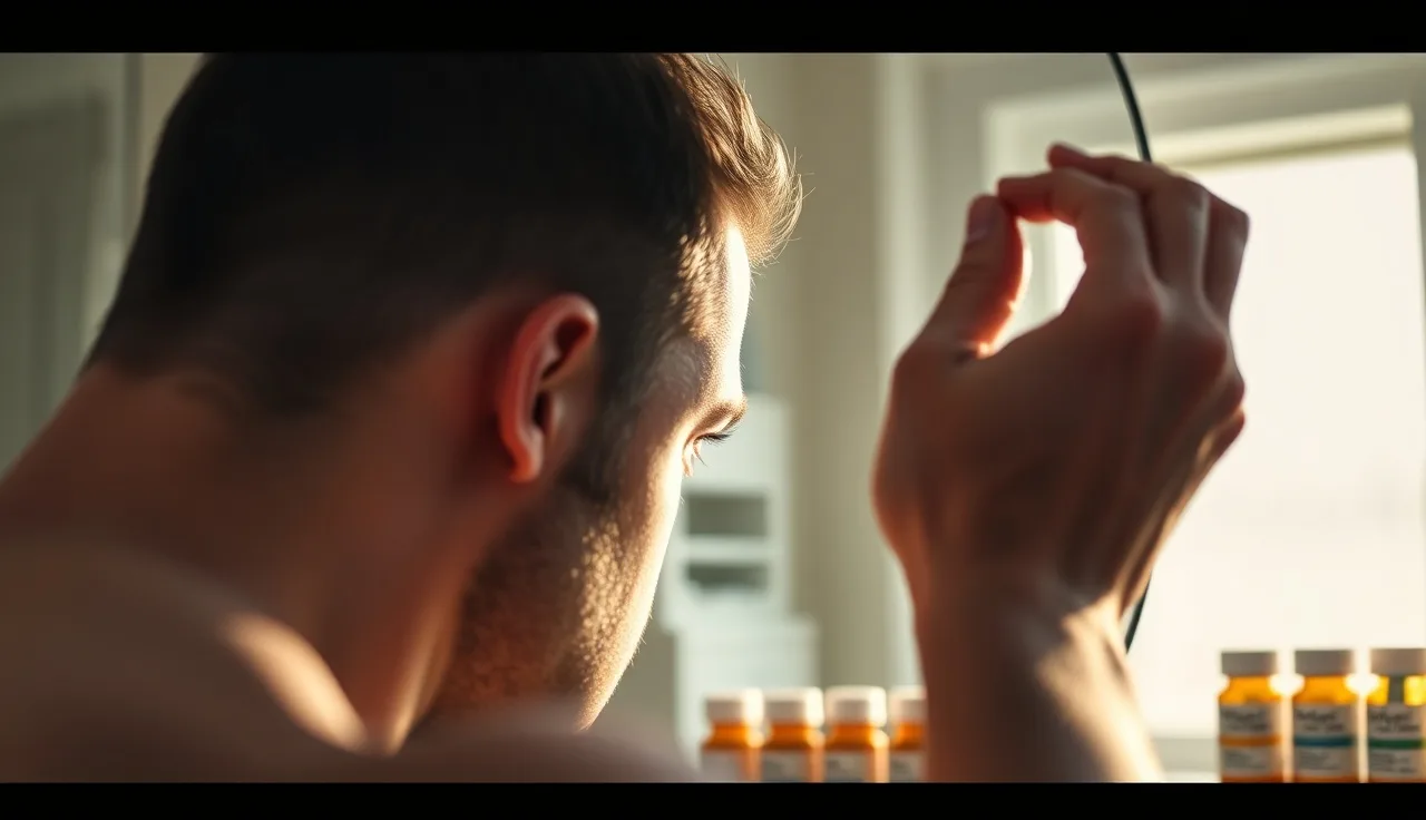 Man examining his hairline in bathroom mirror with pill bottles on counter