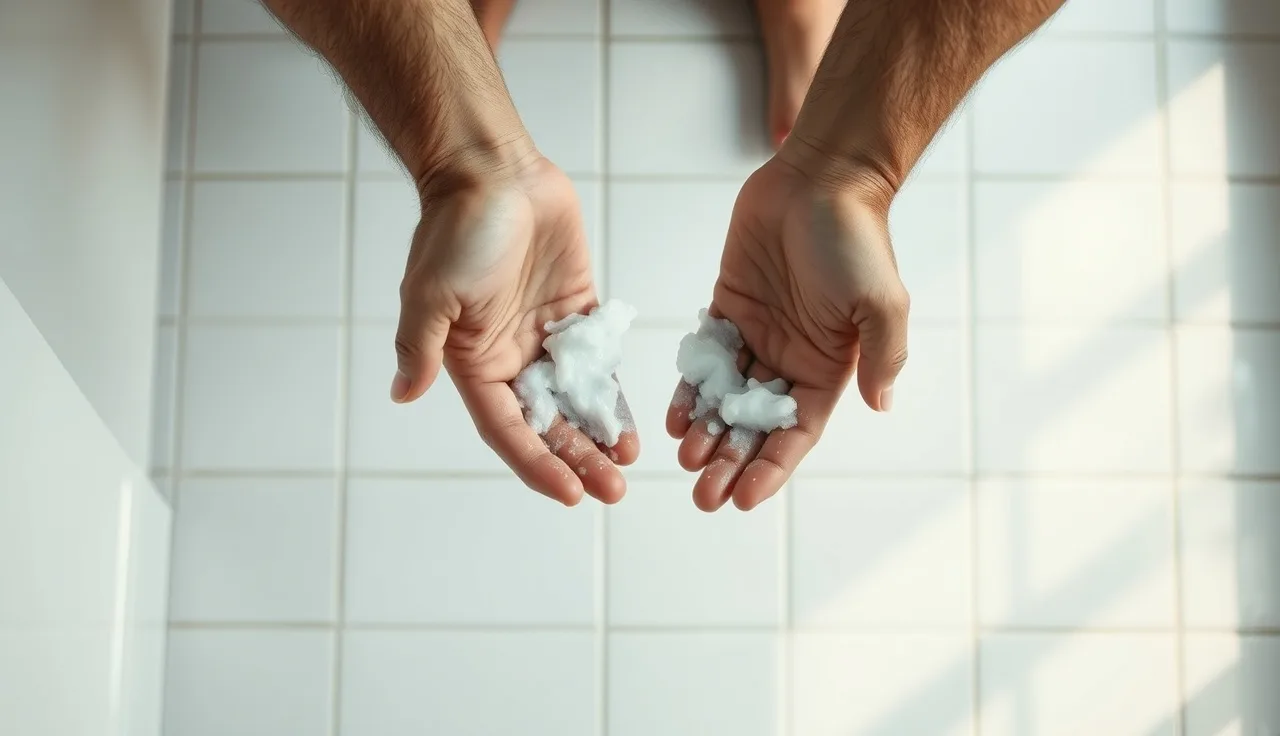 Hands working shampoo into wet hair in a naturally lit bathroom
