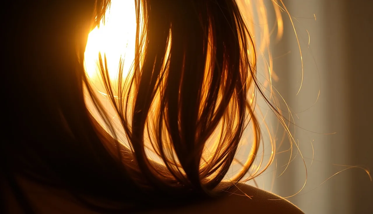 Close-up of healthy thick hair in warm natural light illustrating hair thickness