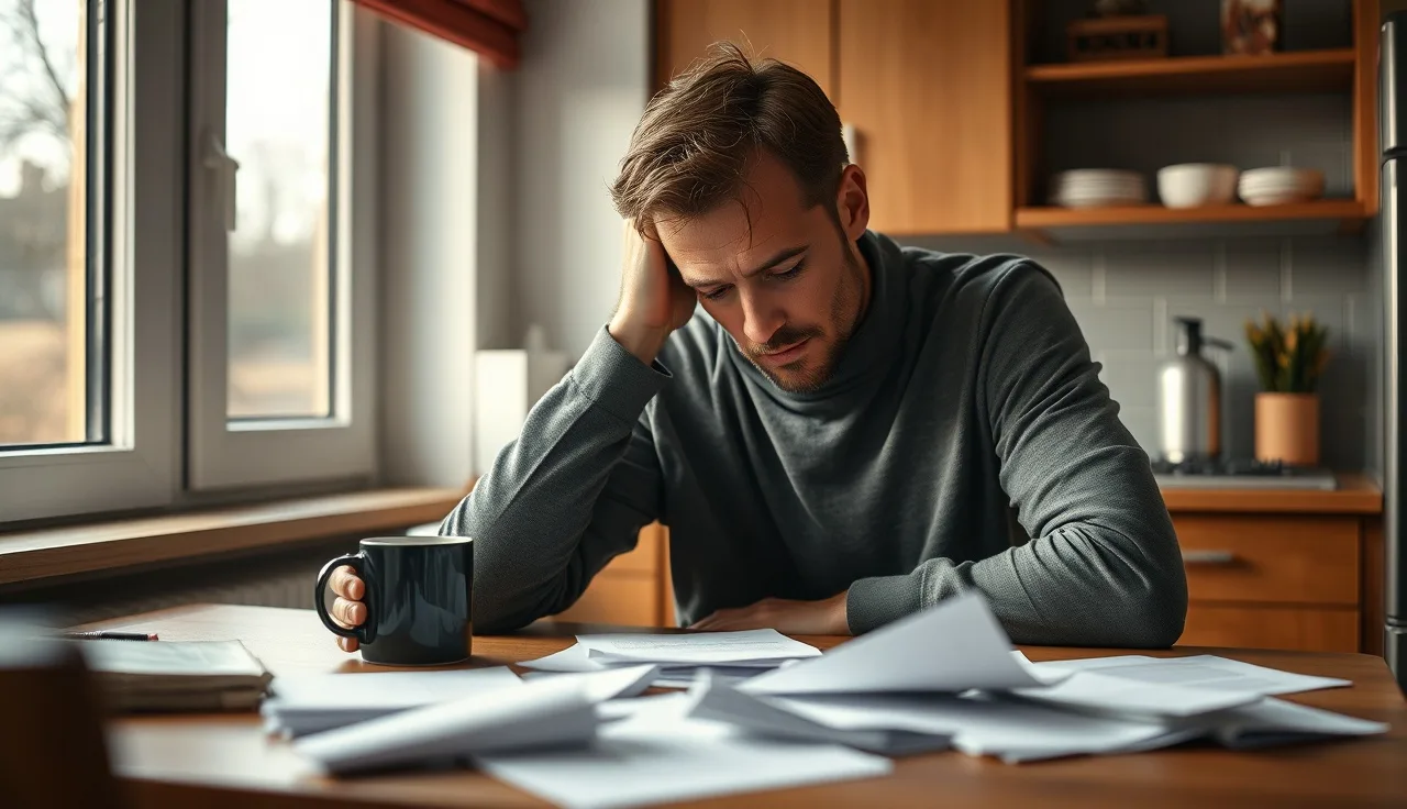 Stressed man with thinning hair sitting at a kitchen table in morning light