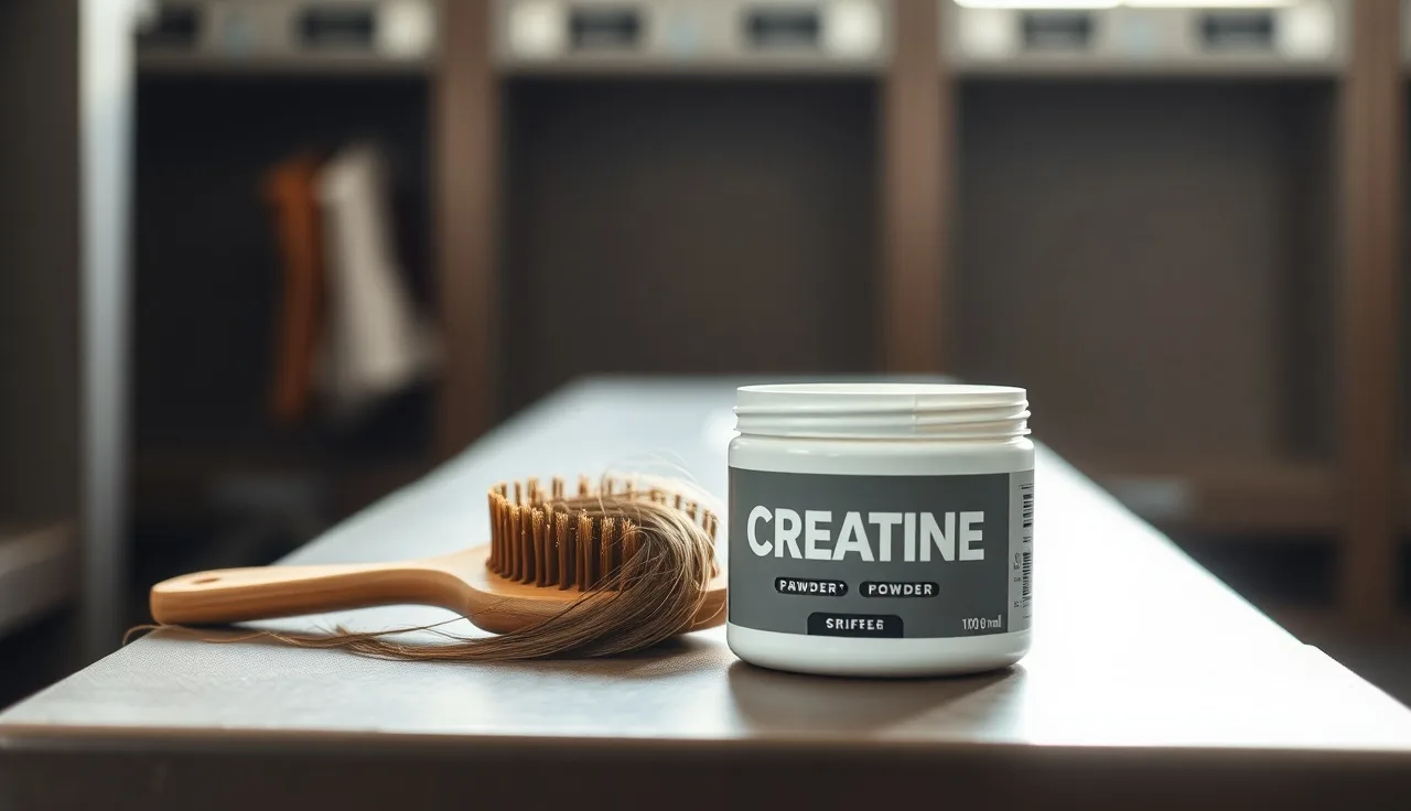 Creatine powder container next to a hairbrush with shed hairs on a gym bench