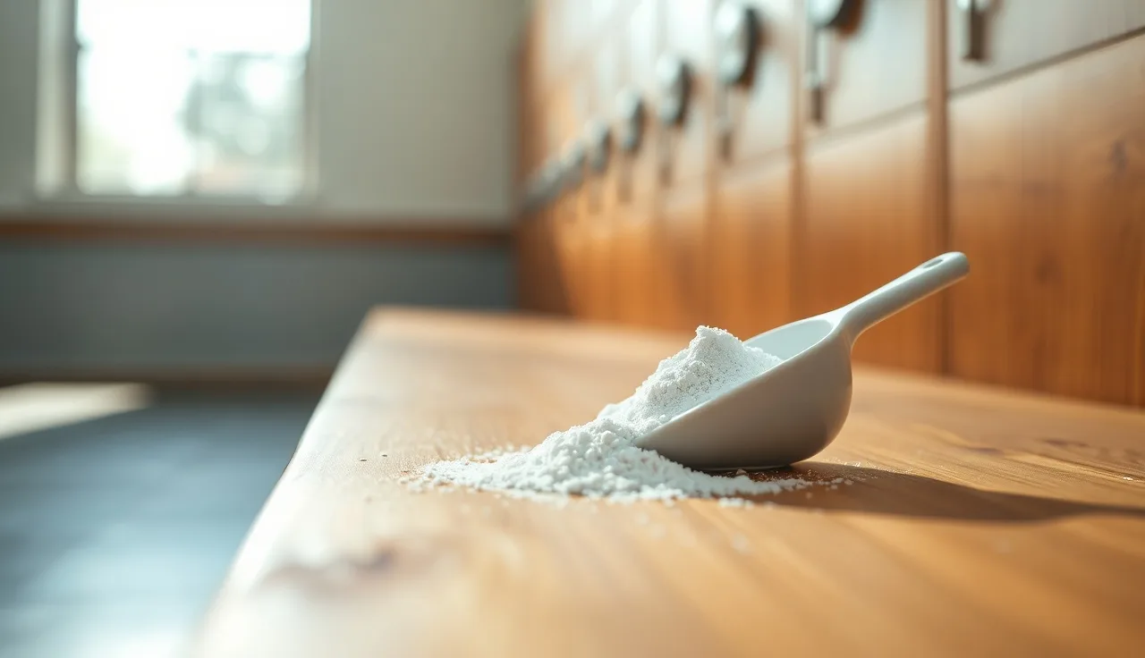 Scoop of white creatine powder on a gym bench, hair loss research context