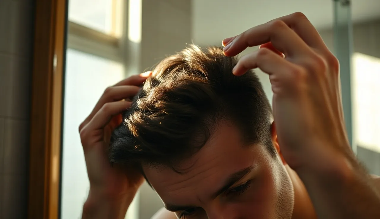 Man examining his receding hairline in a bathroom mirror under morning light
