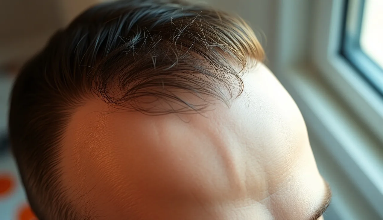 Man's scalp showing receding frontal hairline and dense occipital hair from above